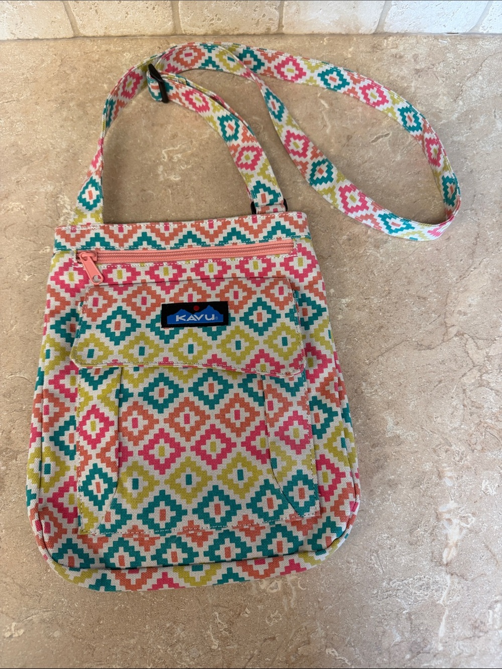 KAVU Multicolor Geo Pattern Crossbody Bag - Pink, Teal & Yellow